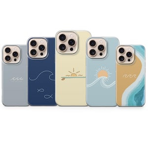 May include: Five phone cases with ocean-themed designs. The cases feature illustrations of waves, suns, and a surfboard in shades of blue, yellow, and beige. The cases are designed to fit a smartphone.