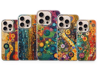 May include: Five phone cases with colorful abstract designs. The cases feature a variety of patterns, including circles, lines, and floral motifs, in shades of blue, green, yellow, orange, and purple. The cases have a clear border.
