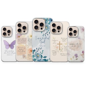May include: Five phone cases with different designs. One case has a purple butterfly and the text "Do not fear, for I am with you." Other cases feature floral patterns, crosses, and inspirational quotes.