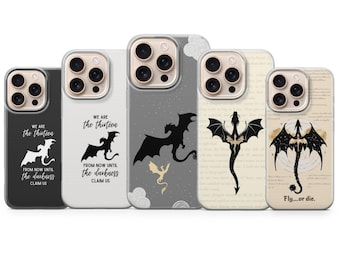 May include: A collection of five phone cases with dragon designs. The cases feature black and white dragon silhouettes, text, and various backgrounds, including a gray speckled design and a parchment-like texture. The text includes phrases like "We are the thirteen" and "Fly...or die."