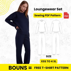 Könnte beinhalten: Eine Frau präsentiert ein marineblaues Loungewear-Set. Das Bild enthält eine Schnittmusterzeichnung und den Text „Loungewear-Set“, „Näh-PDF-Muster“ und „XSS bis 4XL“. Der untere Teil des Bildes zeigt „BOUNS = KOSTENLOSES T-SHIRT-MUSTER“.