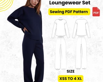 May include: A woman models a navy blue loungewear set. The image includes a sewing pattern diagram and text that reads "Loungewear Set," "Sewing PDF Pattern," and "XSS to 4XL." The bottom of the image says "BOUNS = FREE T-SHIRT PATTERN."