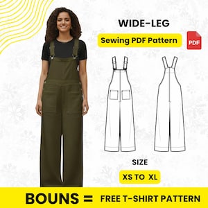 ワイドレッグオーバーオールの縫製パターン（PDF）｜XS～XL、無料Tシャツパターン