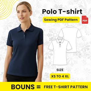 Puede incluir: Un polo azul marino con cuello abotonado. La imagen incluye un diagrama de patrón de costura y el texto "Polo T-shirt" y "Sewing PDF Pattern". Tallas de XS a 4XL.
