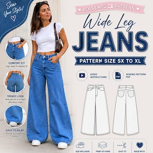 Peut inclure: Un patron de couture DIY pour un jean large, tailles SX à XL. L'image contient du texte, une photo d'un jean bleu et un dessin technique montrant le devant et le dos du pantalon. Elle inclut des icônes pour les instructions vidéo et PDF.