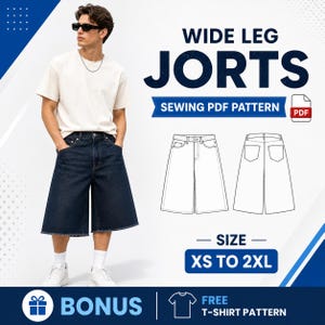 Op de afbeelding: Een persoon draagt een donkerblauwe denim wide-leg jorts. De afbeelding bevat een PDF-naaipatroon en de tekst "WIDE LEG JORTS" en "SEWING PDF PATTERN". De maatvoering is XS tot 2XL. Er is een bonus gratis t-shirt patroon.
