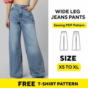 Puede incluir: Vaqueros azules claros de pernera ancha. La imagen incluye un patrón de costura para vaqueros de pernera ancha, con el texto "WIDE LEG JEANS PANTS" y "SIZE XS TO XL". La imagen también incluye el texto "FREE T-SHIRT PATTERN".