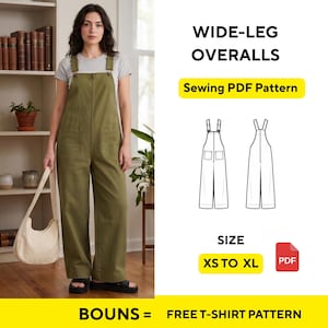 Puede incluir: Un mono de pierna ancha verde oliva con bolsillos delanteros. La imagen incluye un gráfico de patrón de costura, el texto "WIDE-LEG OVERALLS Sewing PDF Pattern" y opciones de tallas de XS a XL. La imagen también incluye el texto "BOUNS = FREE T-SHIRT PATTERN".