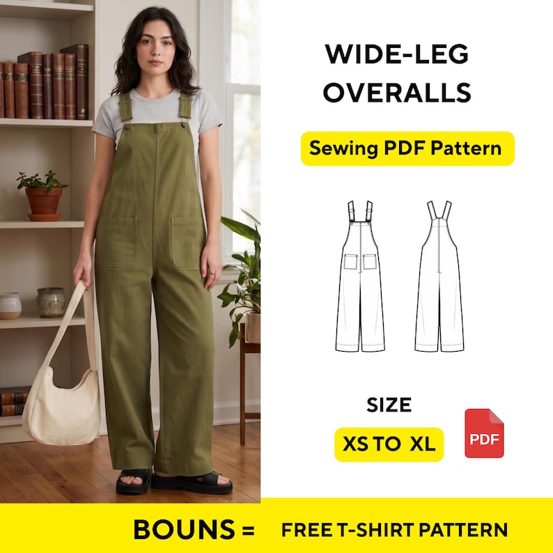 Pattern For Overalls Wide Leg Overalls Sewing Pattern PDF | XS-XL, Free T-shirt Pattern - Etsy