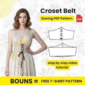 Puede incluir: Una mujer con un vestido y un cinturón corsé beige con cordones negros. La imagen incluye el texto "Croset Belt", "Sewing PDF Pattern" y "step by step video tutorial". La imagen también dice "BOUNS = FREE T-SHIRT PATTERN".