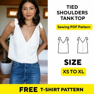 Puede incluir: Una mujer con un top sin mangas blanco con hombros atados y vaqueros azules. La imagen incluye un gráfico de patrón de costura y el texto "TIED SHOULDERS TANK TOP", "Sewing PDF Pattern", "SIZE XS TO XL" y "FREE T-SHIRT PATTERN".