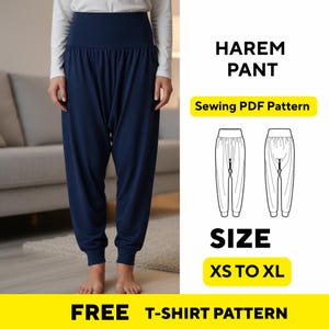 以下が含まれることがあります： ハイウエストのネイビーブルーのハーレムパンツ。画像には、縫製パターンの図と「HAREM PANT」、「Sewing PDF Pattern」、「SIZE XS TO XL」、「FREE T-SHIRT PATTERN」というテキストが含まれています。