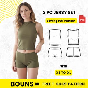 Può includere: Un completo in jersey verde oliva composto da due pezzi, composto da un crop top e pantaloncini. L'immagine include anche un grafico del modello di cucito con il testo "2 PC JERSY SET", "Sewing PDF Pattern" e la gamma di taglie "XS TO XL". È visibile anche il testo "BOUNS = FREE T-SHIRT PATTERN".