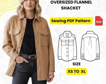 Pode incluir: Uma mulher vestindo uma camisa de flanela oversized bege. A imagem inclui um padrão de costura em PDF com opções de tamanho de XS a XL. O texto na imagem diz "BOUNS = FREE T-SHIRT PATTERN".