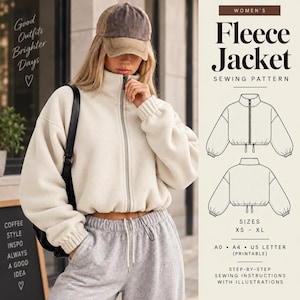 Jacket Sewing Pattern PDF, Women's Cropped Windbreaker, Zipper Front Drawstring Hem, Adjustable Casual Jacket, Digital Sewing Pattern