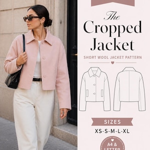 May include: A PDF sewing pattern for The Cropped Jacket, a short wool jacket. The image displays a light pink jacket with a collar and buttons, alongside a technical line drawing of the front and back views. Sizes XS-S-M-L-XL are included for A4 and Letter paper.