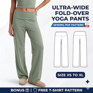 Op de afbeelding: Saliegroene ultra-brede fold-over yogabroek. De afbeelding bevat een naaipatroon in PDF met maatopties van XS tot XL. De tekst "BONUS | FREE T-SHIRT PATTERN" is ook zichtbaar.