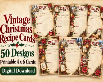 Tarjetas de recetas navideñas vintage para imprimir, 50 diseños festivos, recuerdo de cocina de 4x6 pulgadas, descarga digital.