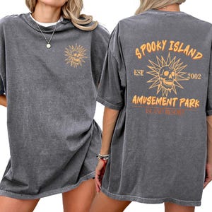 May include: Dark gray t-shirt with a distressed look. The front features a skull design within a sunburst. The back displays the text "Spooky Island Amusement Park Island Resort" with a skull graphic, and the year "2002".
