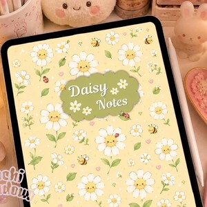 May include: A digital tablet screen displaying a light yellow background with a repeating pattern of smiling white daisies, small bees, and ladybugs. A central olive green scalloped label features the white text Daisy Notes.