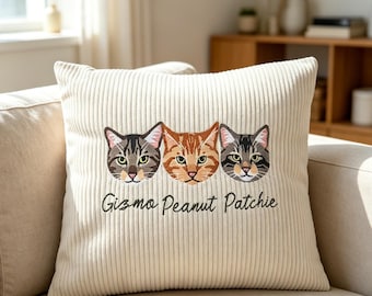 Custom Embroidered Pet Portrait Pillow, Personalized Cat Memorial Gift