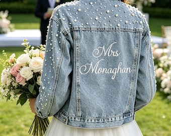 Custom Pearl Denim Jacket, Embroidered Mrs. Jean Jacket, Bridal Bachelorette Party Wear