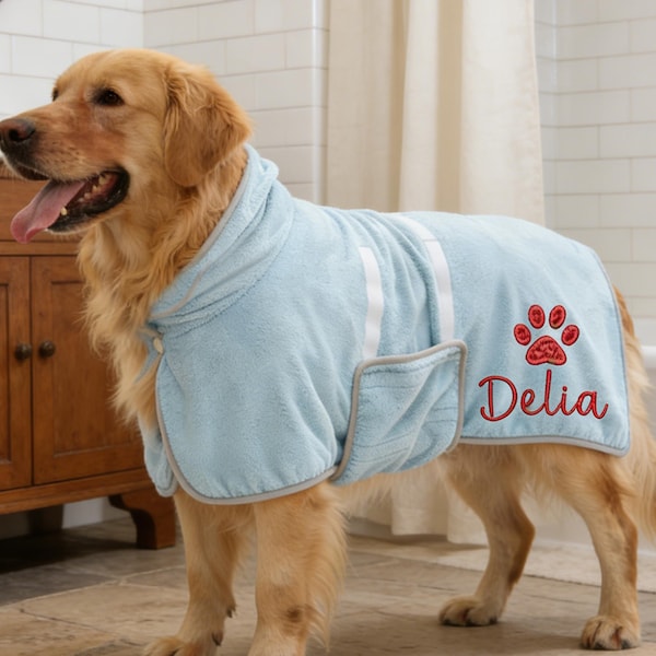 Roupão de banho personalizado para cães, toalha com capuz de secagem rápida, roupa para animais de estimação com nome bordado.