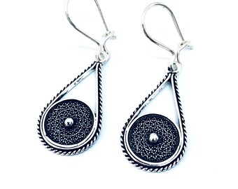 S-ROUND, Sterling Silver Filigree Earring, Small Hoop Wedding Gothic Antique Vintage Victorian Unique Women Everyday Macedonia Modern Gift