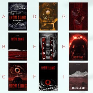 Op de afbeelding: Negen filmposters voor "Iron Lung" worden getoond. De posters bevatten donkere, onheilspellende beelden met rode en zwarte kleurenschema's. Sommige posters tonen onderwater scènes, andere menselijke figuren en abstracte ontwerpen. De filmtitel is prominent aanwezig.