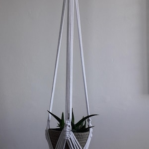 May include: A white macramé plant hanger with a wooden ring at the top. The plant holder is suspended, showcasing a woven design that cradles a potted plant with green leaves. The hanger has a tassel at the bottom.