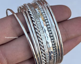 925 Sterling Silver 10 Set Bangles, Minimalist Bangle With Hammered Bangle, 10 Stacking Bangle, Bangle For Gift, Seminario Bangle Set