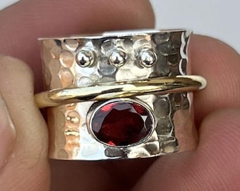 Handmade Oval Garnet Ring, Hammered Sterling Silver Band, Two Tone