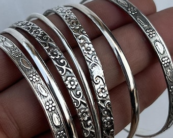 Boho Floral Engraved Sterling Silver Bangle Set, Oxidized Stacking Bangles