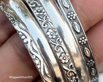 Sterling Silver Bangle Set, Textured Minimalist Boho Bangles