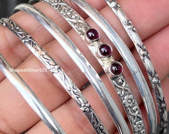 Sterling Silver Stacking Bracelets, Bohemian Garnet Bangle Set, Minimalist Jewelry