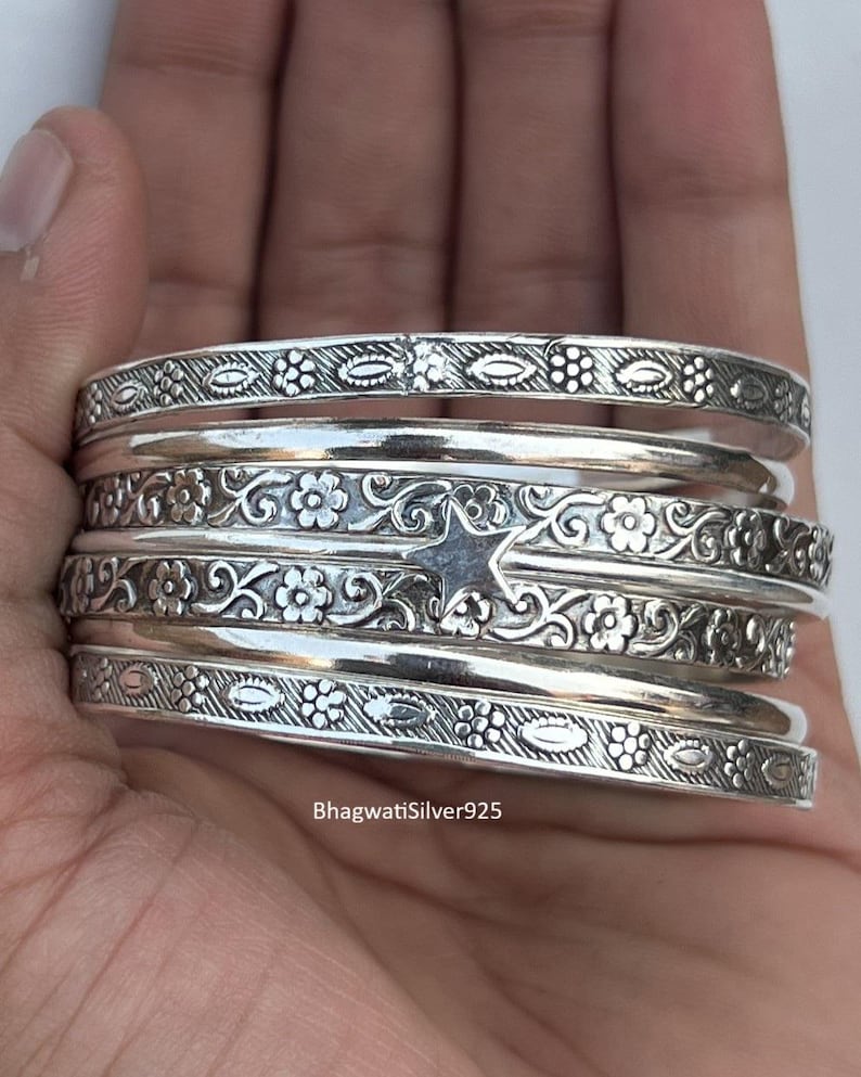 925 Sterling Silver 7 Bangle set, Ethnic Bangle set, Star Bangle set, Oxidised Silver Bangle set, Stackable Bangle set, Everyday Bangle set