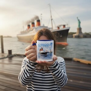 Tasse mit Motiven der Ozeandampfer Normandie und France in New York – Vintage-Szene aus der Zeit der Uchronik – Keramiktasse 325 ml (11 oz)