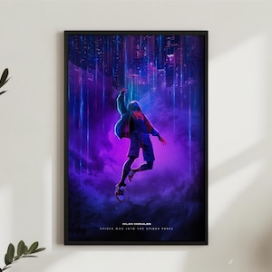 May include: Framed poster featuring Miles Morales from Spider-Man: Into the Spider-Verse. The artwork depicts the character mid-air against a vibrant purple and blue cityscape background. The poster has a black frame and includes the movie title.