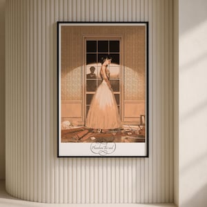 May include: Framed art print featuring a woman in a flowing gown standing near a window. The artwork has a sepia tone with a vintage aesthetic. The title "Phantom Thread" is written in cursive at the bottom of the print.