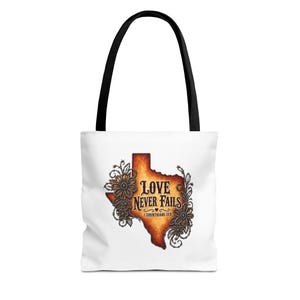 Love Never Fails Texas silhouette tote bag | Christian scripture Corinthians 13:8