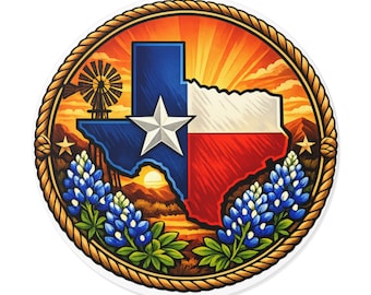 Texas Flag Sticker, Round Texas Map Vinyl Decal, Lone Star Bluebonnet Sunset Sticker, Texas Gift