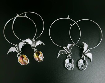 Crystal Skull and Bat earrings. Hoops. Skulls