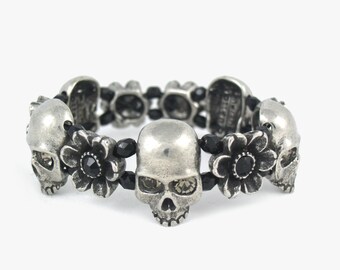 Skull & Flower Stretch Bracelet. Skull Bracelet. Flower Bracelet. Skull. Flower. Skull Cuff. Flower Cuff. Rock N Roll