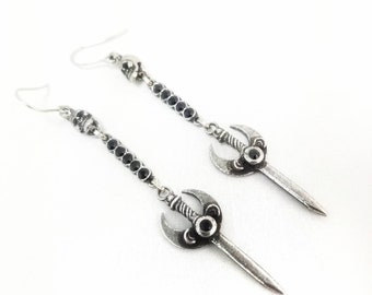 Moon Dagger Dangle Earrings.  Wires. Moon earrings. Daggers. Wires