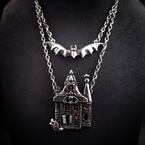 Haunted House Necklace. Bat Necklace. Halloween Necklace