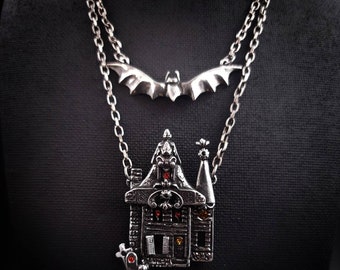 Haunted House Necklace. Bat Necklace. Halloween Necklace