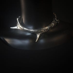May include: A silver antler necklace with a detailed, textured finish. The antler is curved and has a pointed tip.