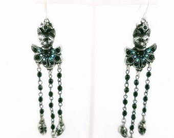 Kitty & skull chandelier earrings. Cat earrings. Familiars. Dangles. Wires