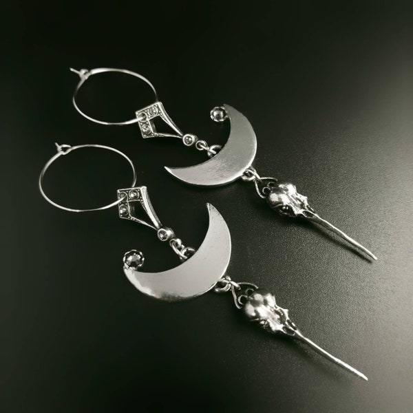 Hummingbird Moon Hoops. Hummingbird earrings. Bird skull earrings. Hoops. Departed.. Made to Order
