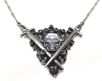 Coat of Arms Skull Necklace. Skull Necklace. Sword Necklace. Coat of Arms. Skull. Sword. Filigree Necklace. Filigree. Skn